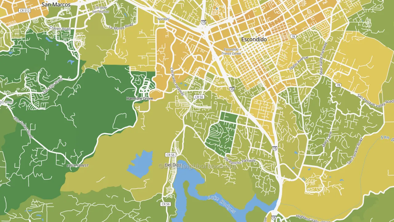 Map of the best neighborhoods in the 92029 area, with better matches in green and worse matches in red