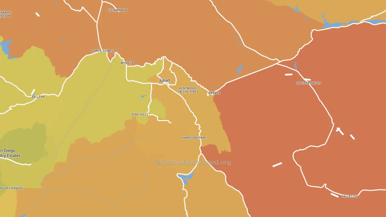 Map of the best neighborhoods in the 92036 area, with better matches in green and worse matches in red