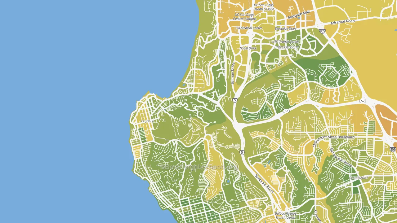 Map of the best neighborhoods in the 92037 area, with better matches in green and worse matches in red