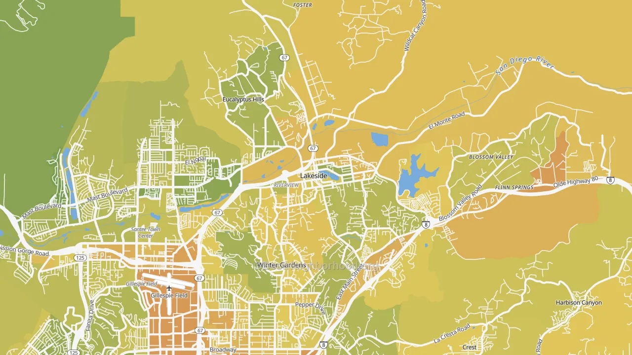 Map of the best neighborhoods in the 92040 area, with better matches in green and worse matches in red