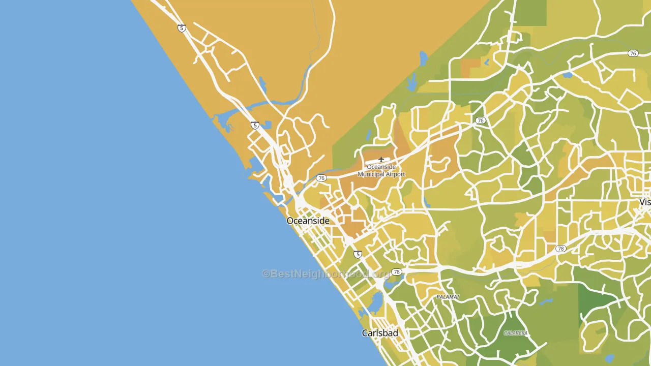 Map of the best neighborhoods in the 92054 area, with better matches in green and worse matches in red