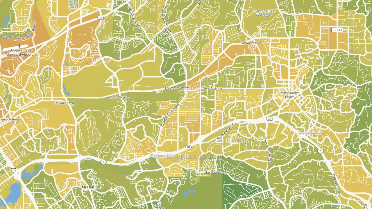 Map of the best neighborhoods in the 92056 area, with better matches in green and worse matches in red
