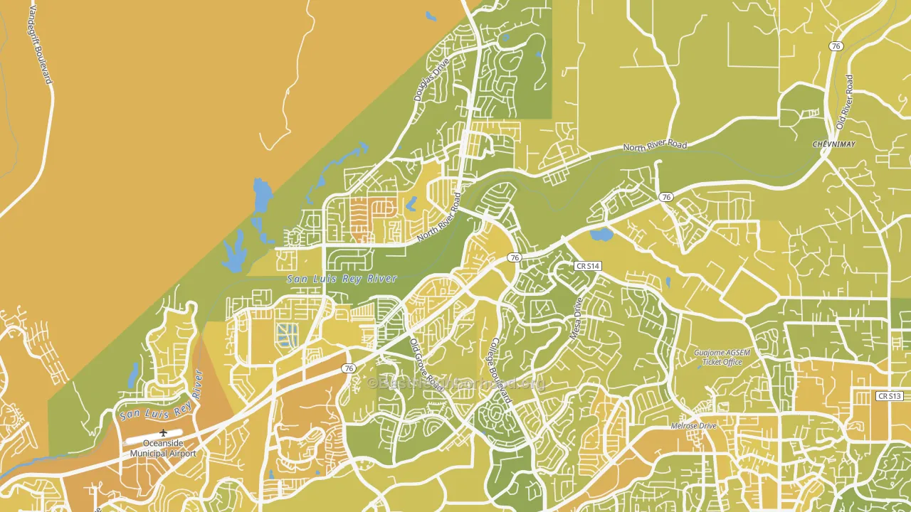 Map of the best neighborhoods in the 92057 area, with better matches in green and worse matches in red