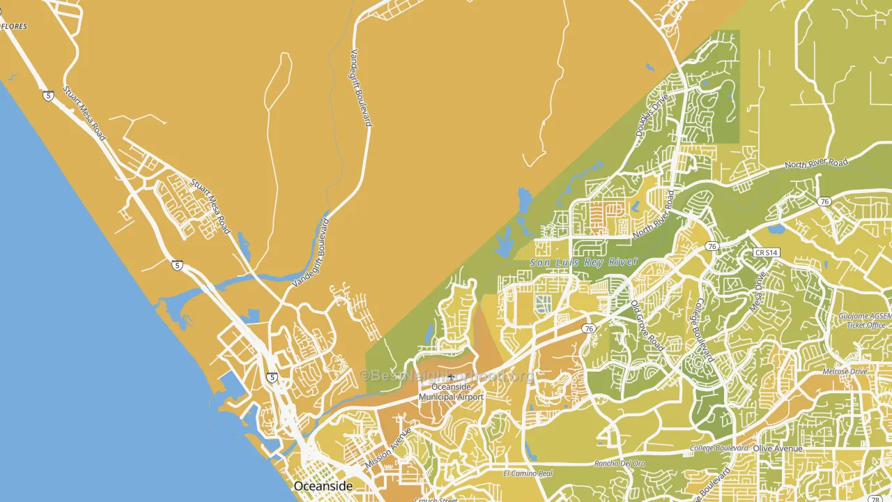 Map of the best neighborhoods in the 92058 area, with better matches in green and worse matches in red