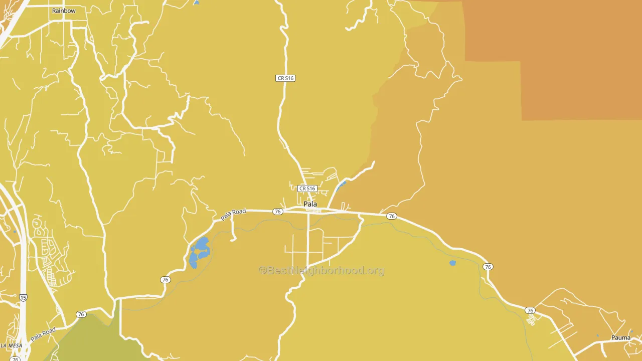 Map of the best neighborhoods in the 92059 area, with better matches in green and worse matches in red
