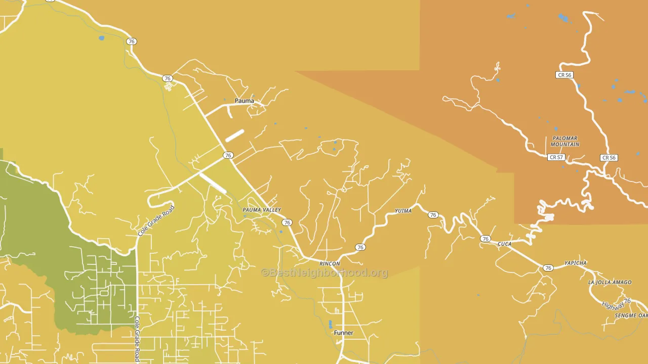 Map of the best neighborhoods in the 92061 area, with better matches in green and worse matches in red