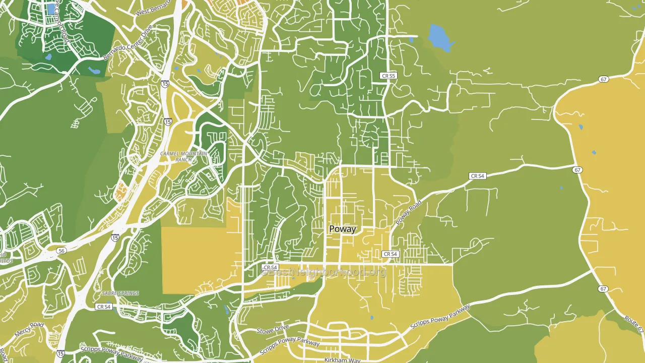 Map of the best neighborhoods in the 92064 area, with better matches in green and worse matches in red