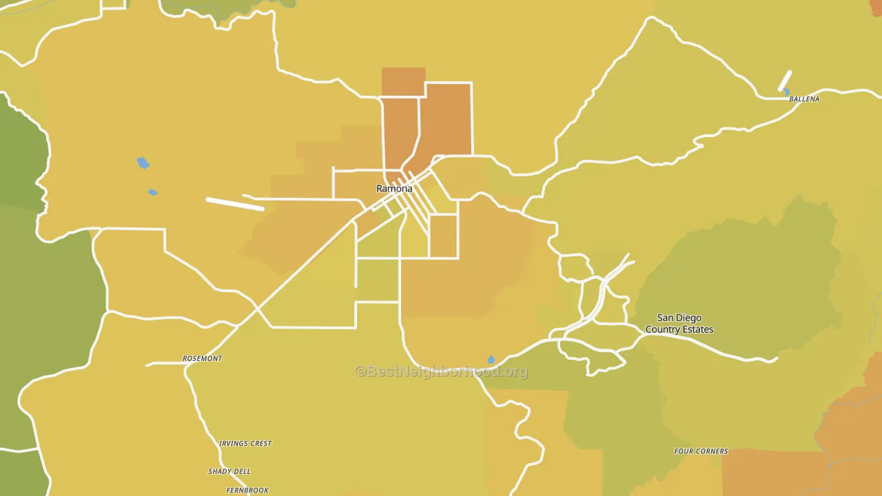 Map of the best neighborhoods in the 92065 area, with better matches in green and worse matches in red