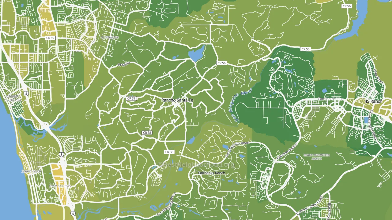 Map of the best neighborhoods in the 92067 area, with better matches in green and worse matches in red