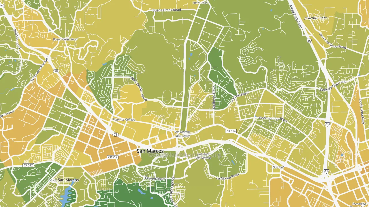 Map of the best neighborhoods in the 92069 area, with better matches in green and worse matches in red