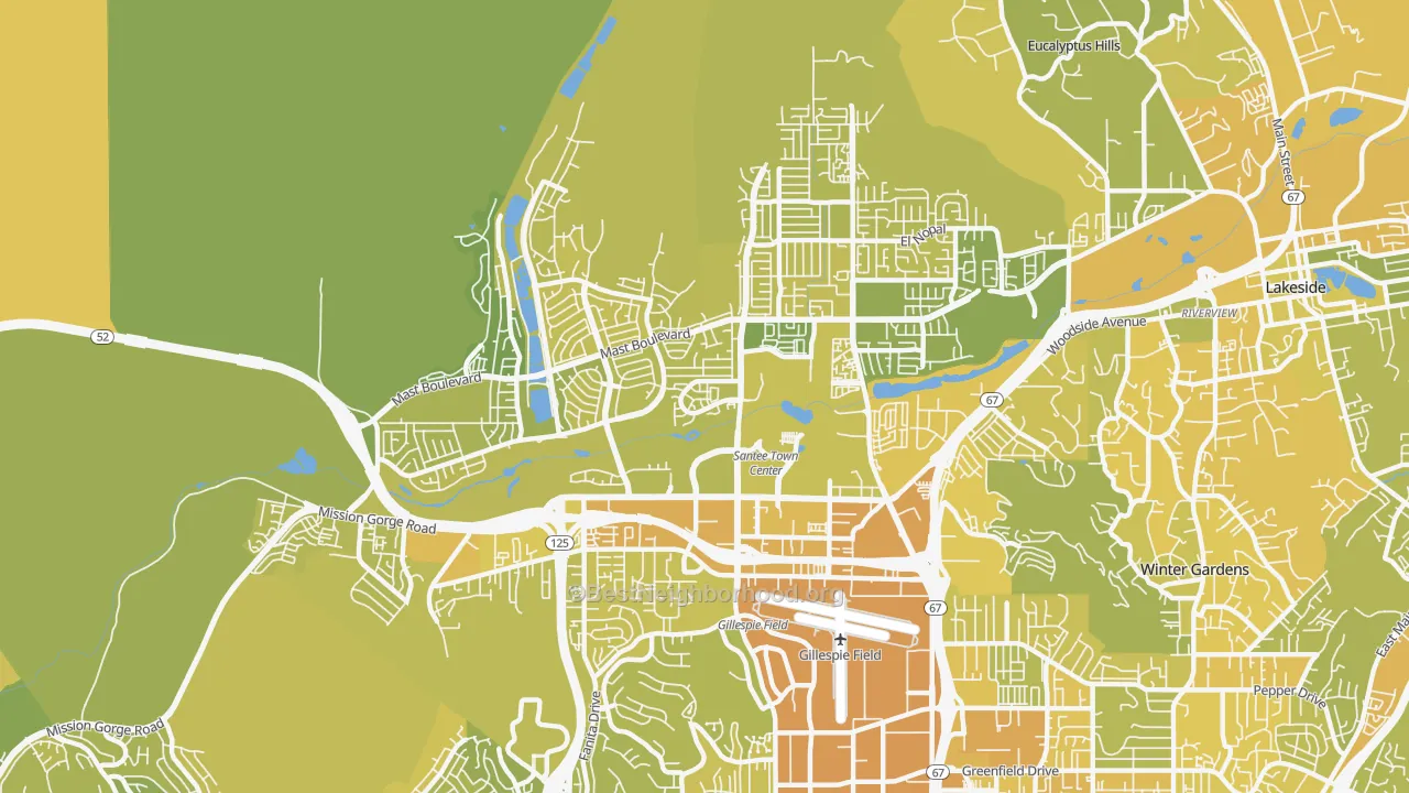 Map of the best neighborhoods in the 92071 area, with better matches in green and worse matches in red