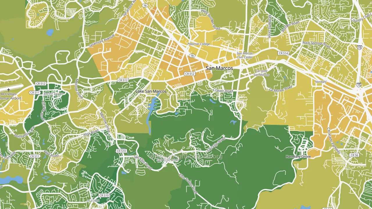 Map of the best neighborhoods in the 92078 area, with better matches in green and worse matches in red