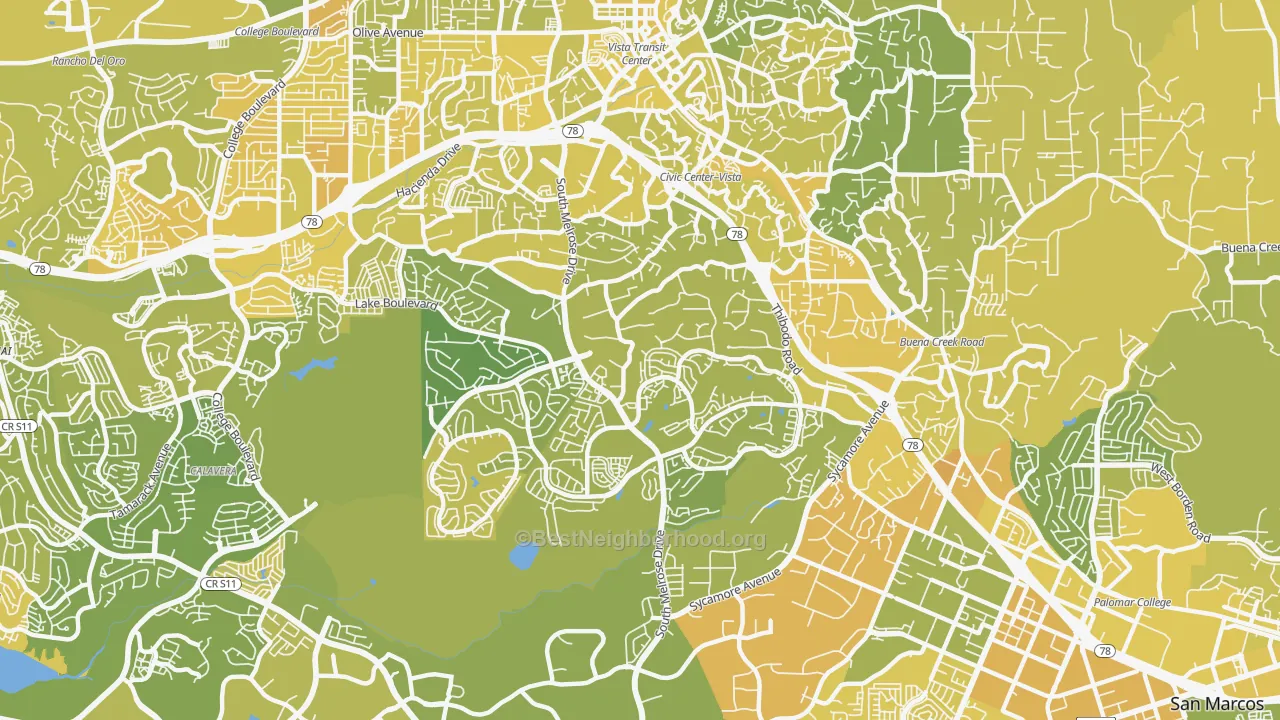 Map of the best neighborhoods in the 92081 area, with better matches in green and worse matches in red