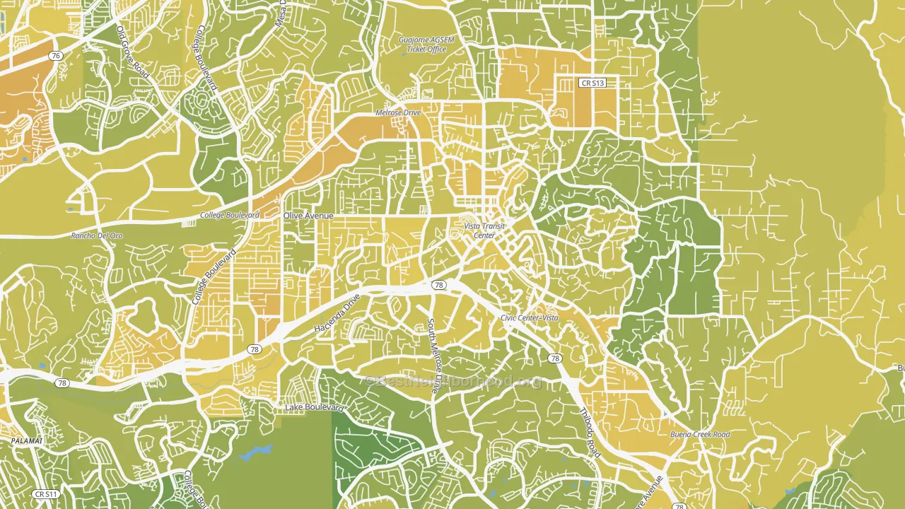 Map of the best neighborhoods in the 92083 area, with better matches in green and worse matches in red