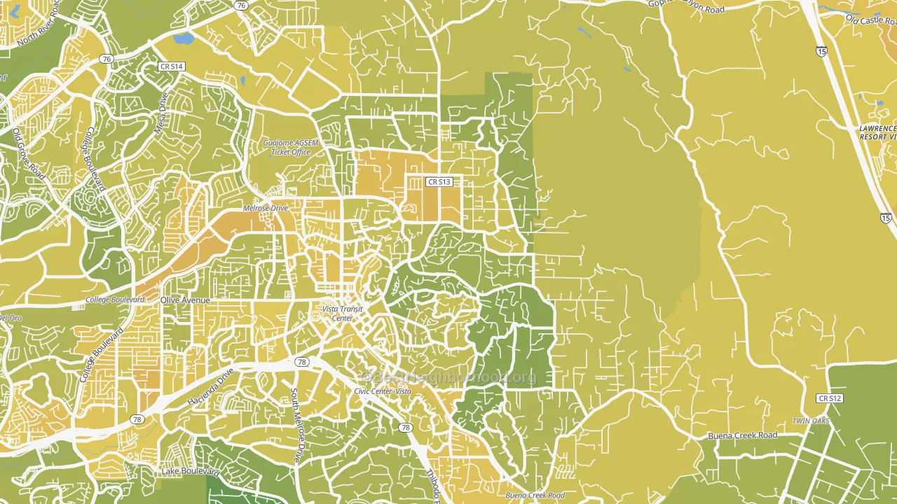 Map of the best neighborhoods in the 92084 area, with better matches in green and worse matches in red