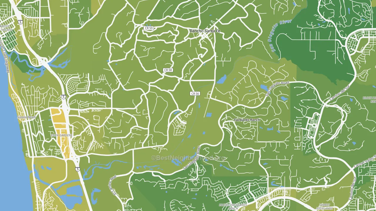 Map of the best neighborhoods in the 92091 area, with better matches in green and worse matches in red