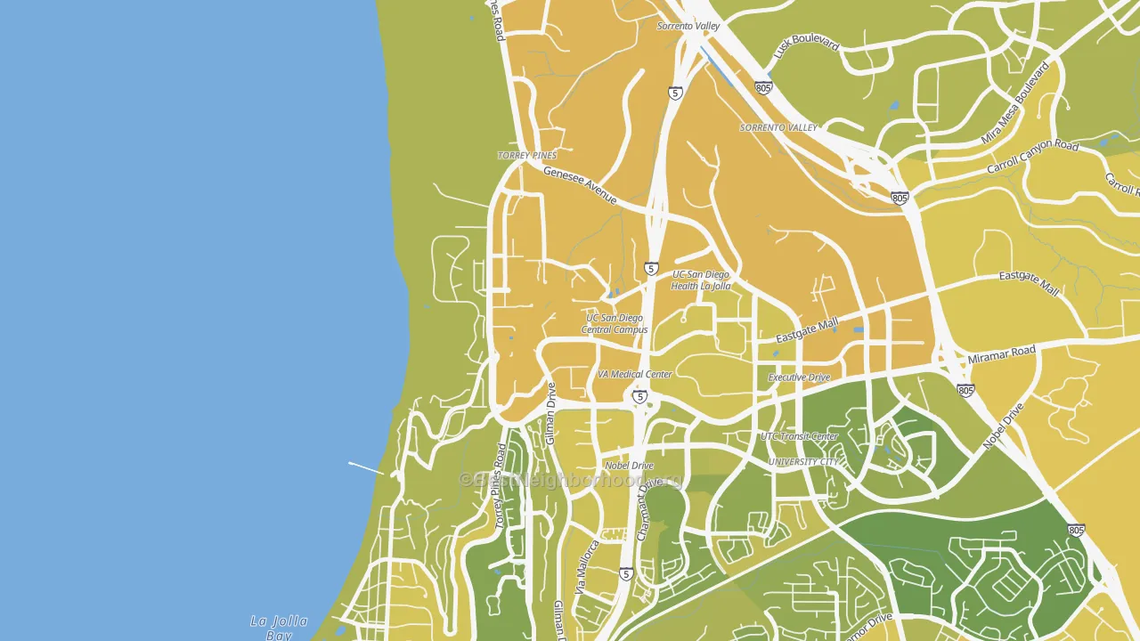 Map of the best neighborhoods in the 92093 area, with better matches in green and worse matches in red