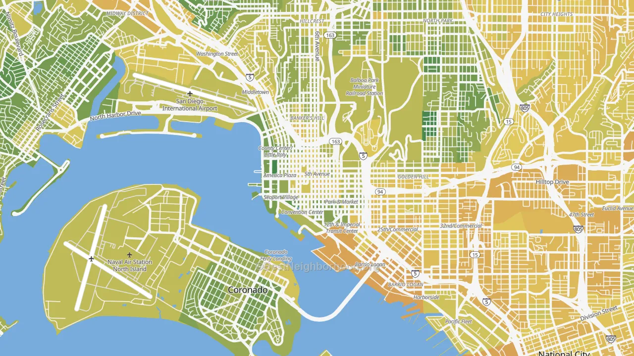 Map of the best neighborhoods in the 92101 area, with better matches in green and worse matches in red