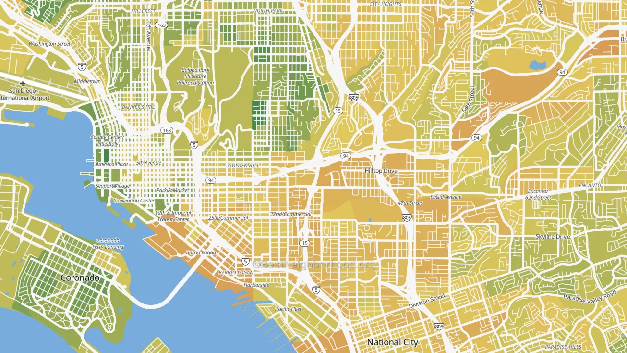 Map of the best neighborhoods in the 92102 area, with better matches in green and worse matches in red