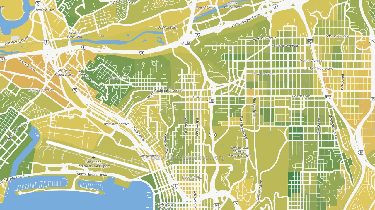 Map of the best neighborhoods in the 92103 area, with better matches in green and worse matches in red