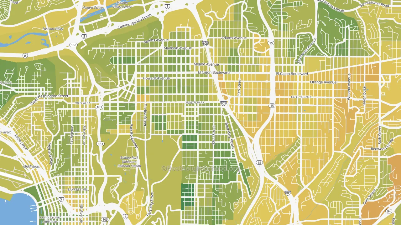 Map of the best neighborhoods in the 92104 area, with better matches in green and worse matches in red