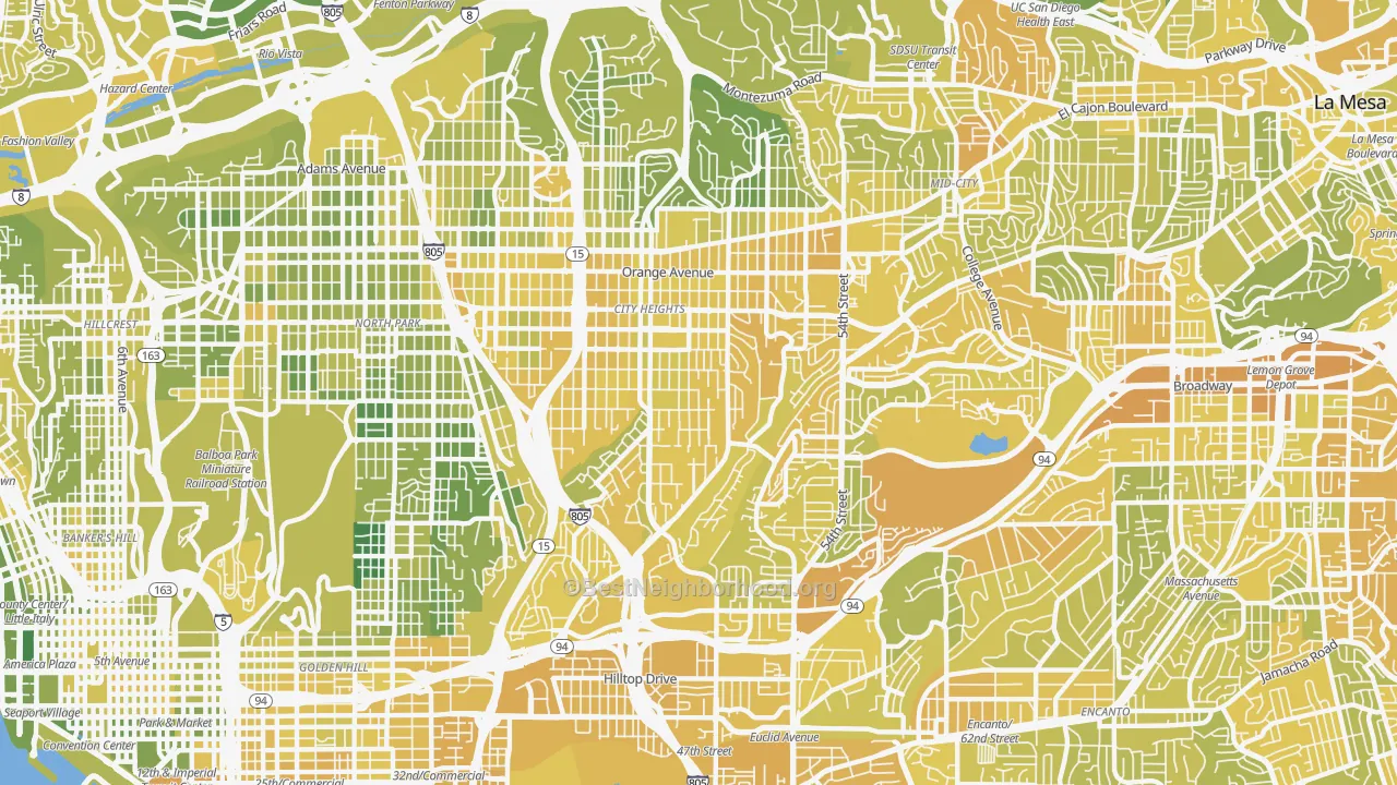 Map of the best neighborhoods in the 92105 area, with better matches in green and worse matches in red