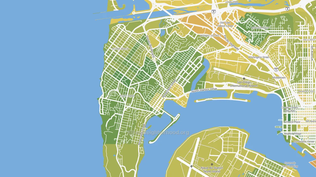Map of the best neighborhoods in the 92106 area, with better matches in green and worse matches in red