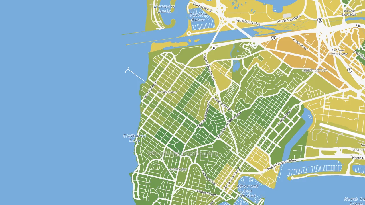 Map of the best neighborhoods in the 92107 area, with better matches in green and worse matches in red
