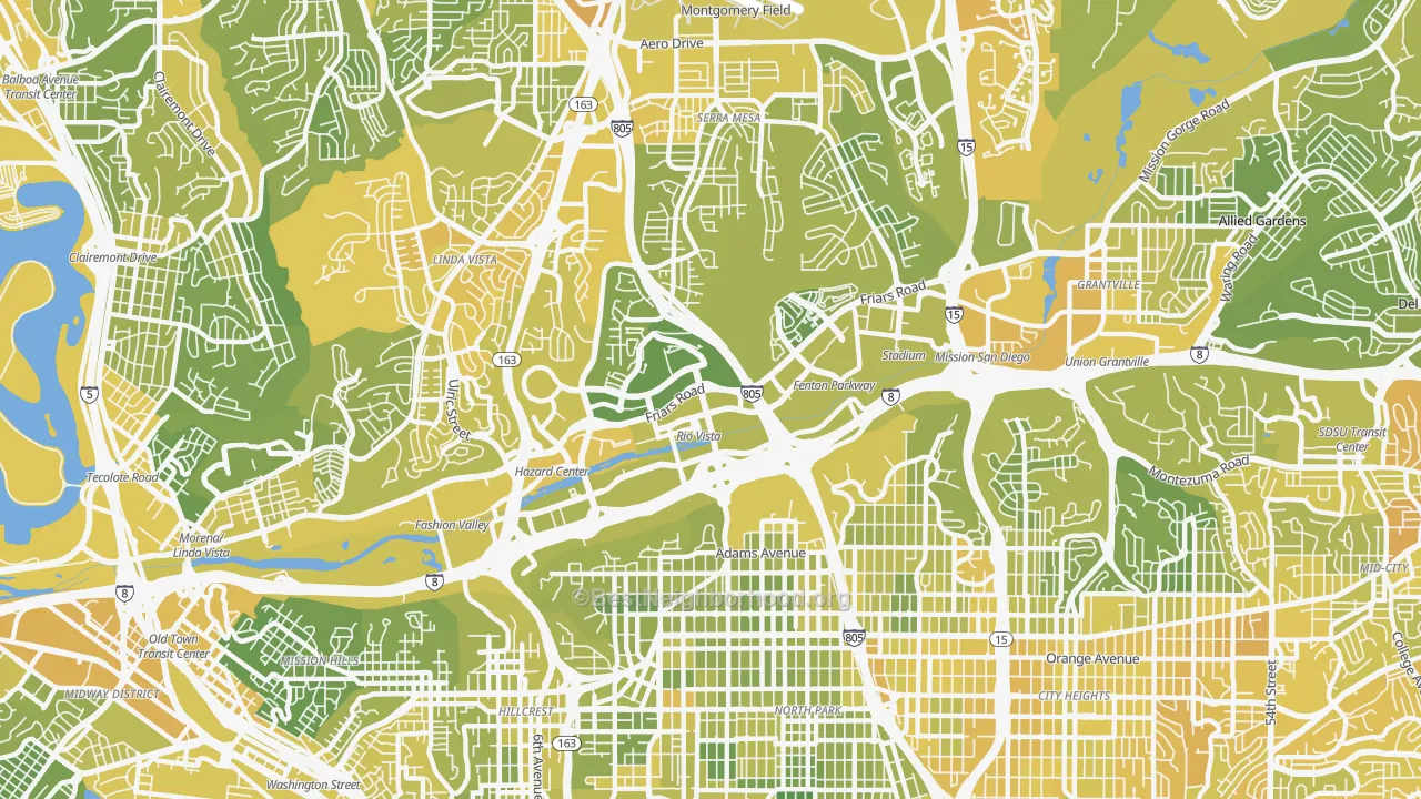 Map of the best neighborhoods in the 92108 area, with better matches in green and worse matches in red