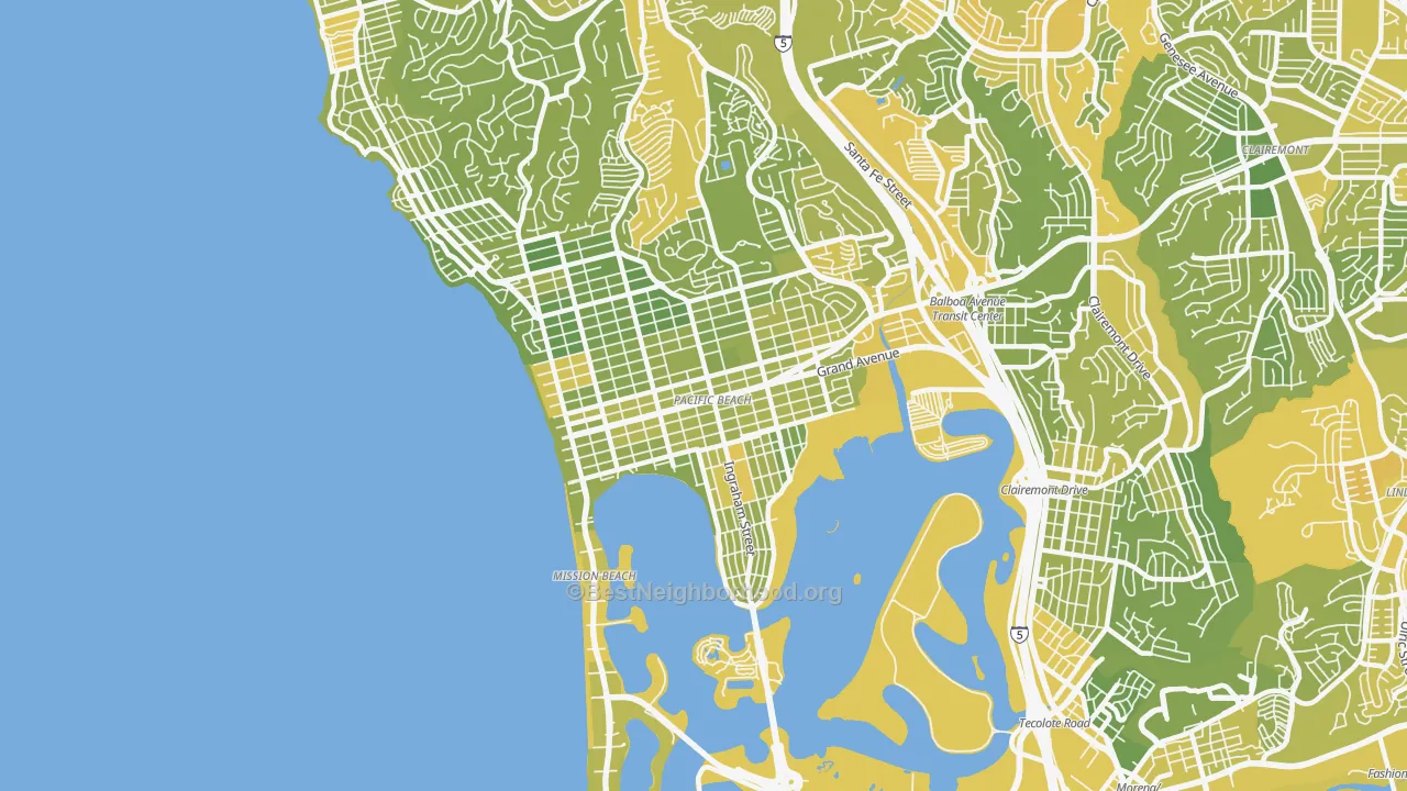 Map of the best neighborhoods in the 92109 area, with better matches in green and worse matches in red