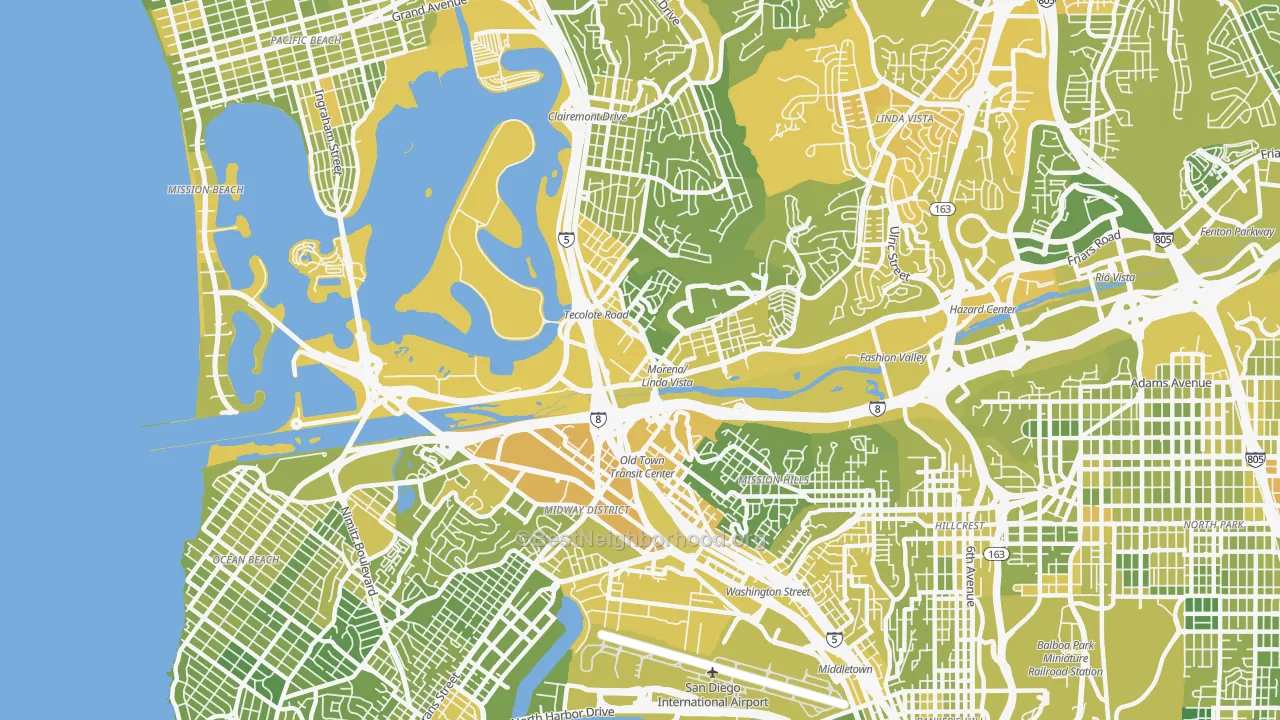 Map of the best neighborhoods in the 92110 area, with better matches in green and worse matches in red