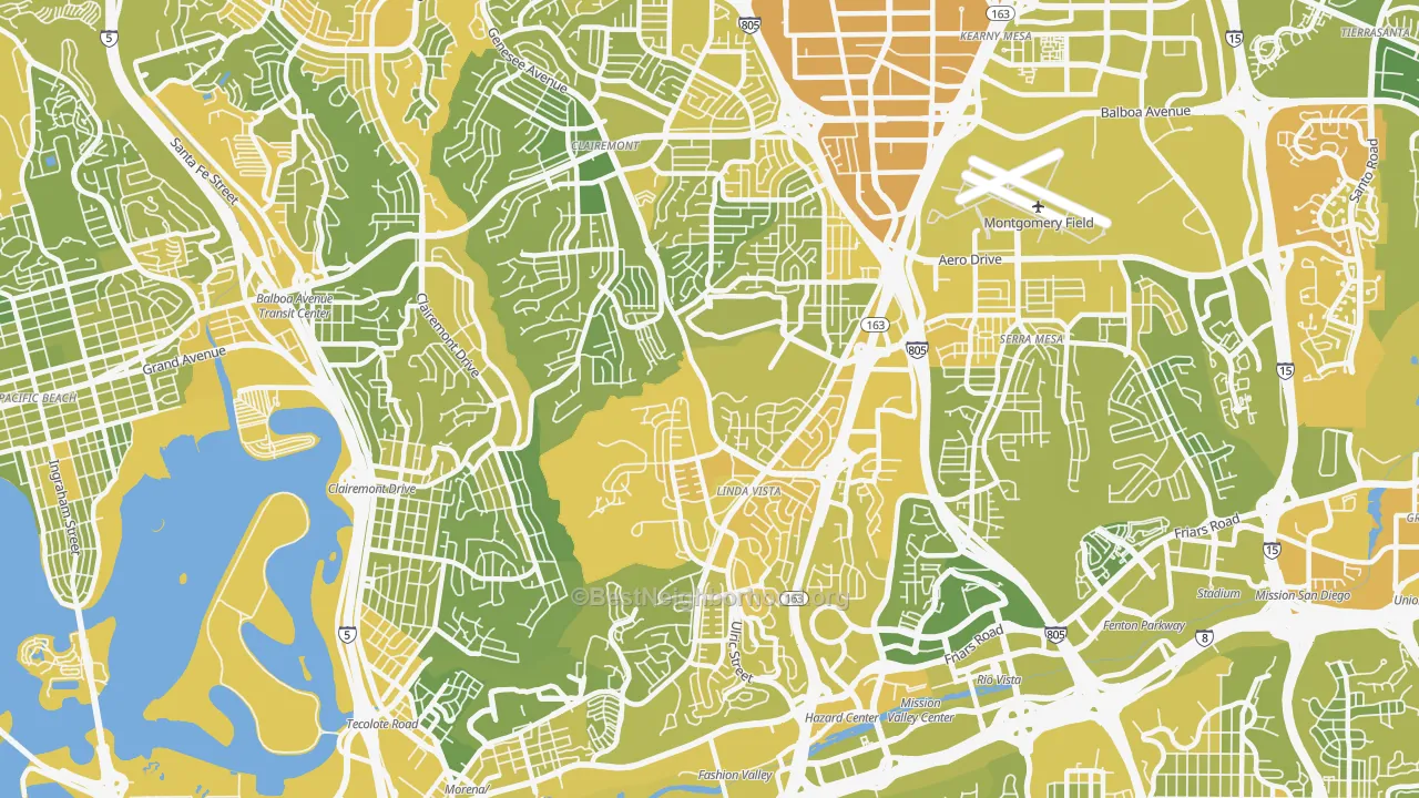 Map of the best neighborhoods in the 92111 area, with better matches in green and worse matches in red