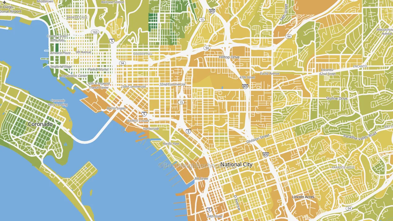 Map of the best neighborhoods in the 92113 area, with better matches in green and worse matches in red