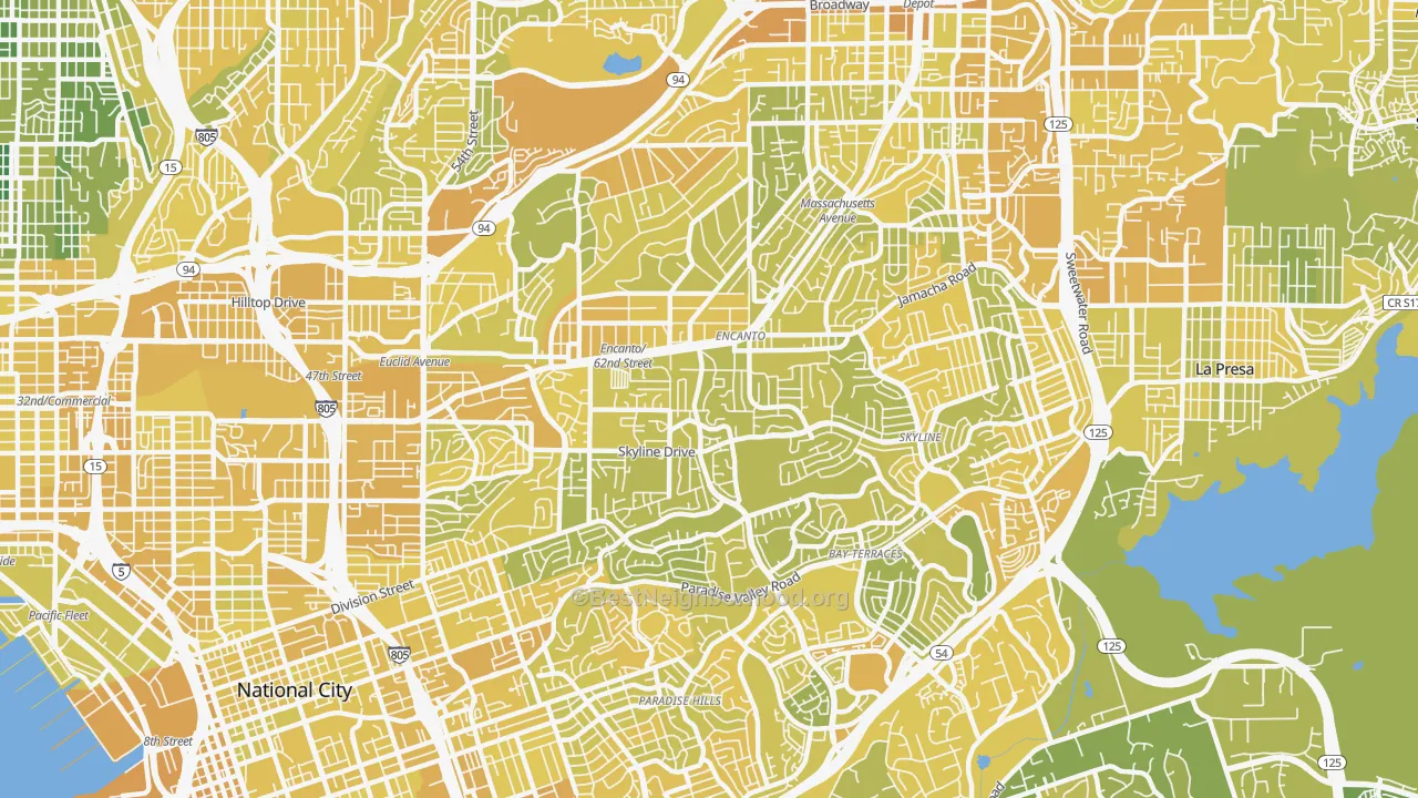 Map of the best neighborhoods in the 92114 area, with better matches in green and worse matches in red