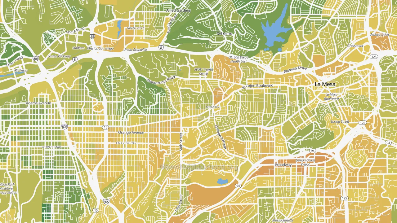 Map of the best neighborhoods in the 92115 area, with better matches in green and worse matches in red