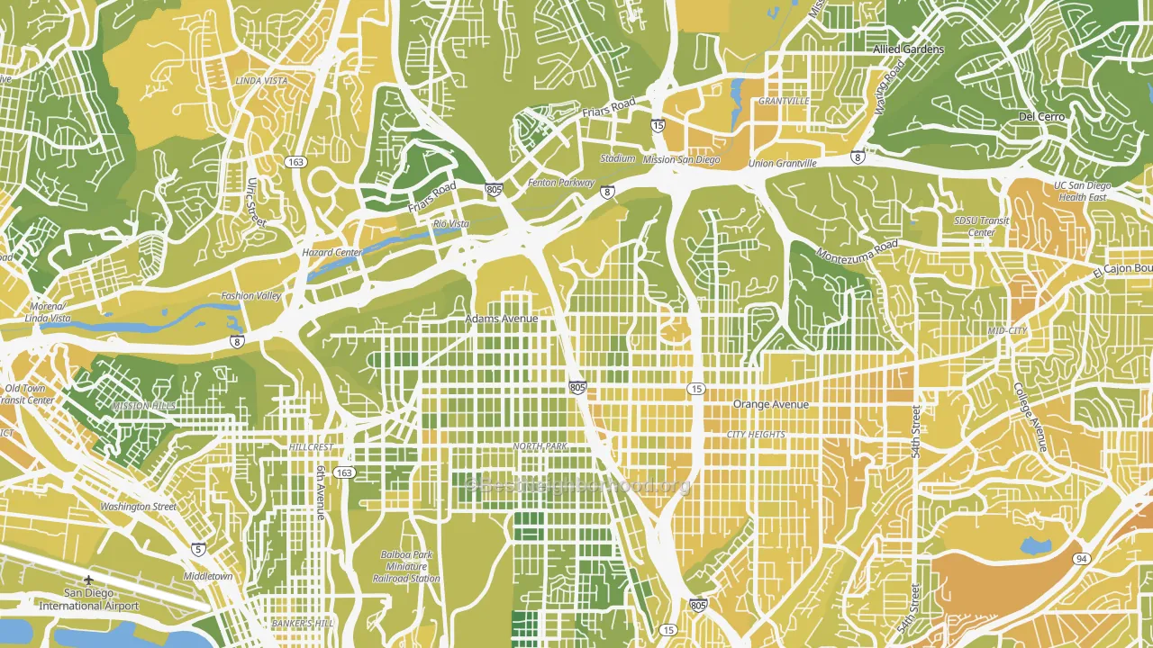 Map of the best neighborhoods in the 92116 area, with better matches in green and worse matches in red