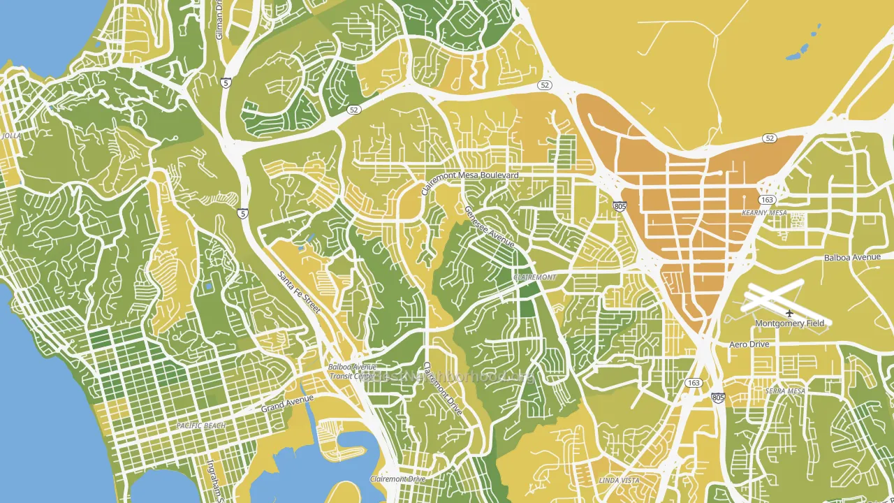 Map of the best neighborhoods in the 92117 area, with better matches in green and worse matches in red