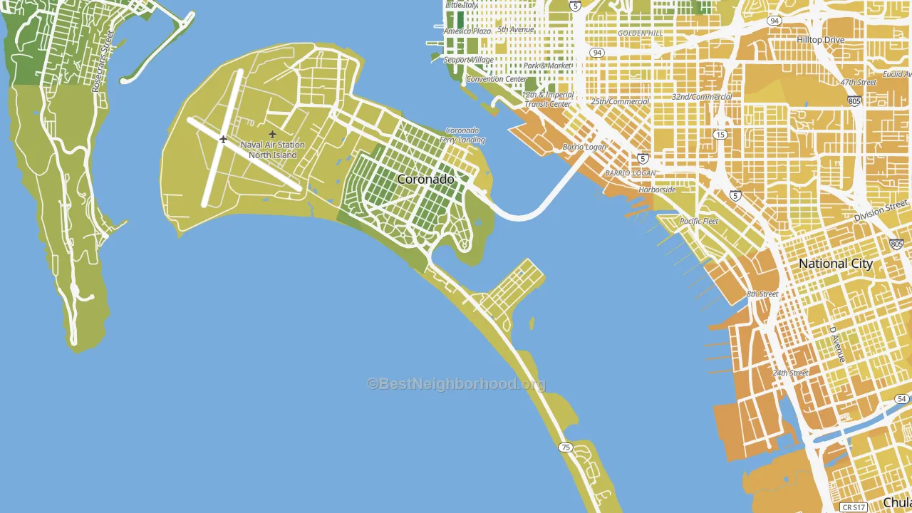 Map of the best neighborhoods in the 92118 area, with better matches in green and worse matches in red