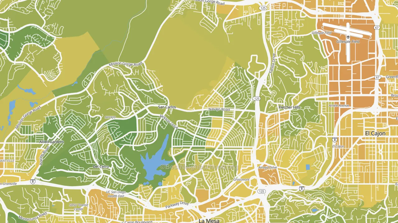 Map of the best neighborhoods in the 92119 area, with better matches in green and worse matches in red