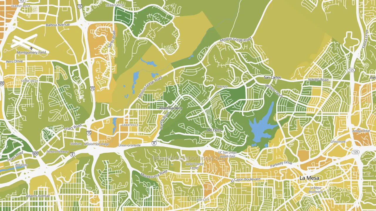 Map of the best neighborhoods in the 92120 area, with better matches in green and worse matches in red