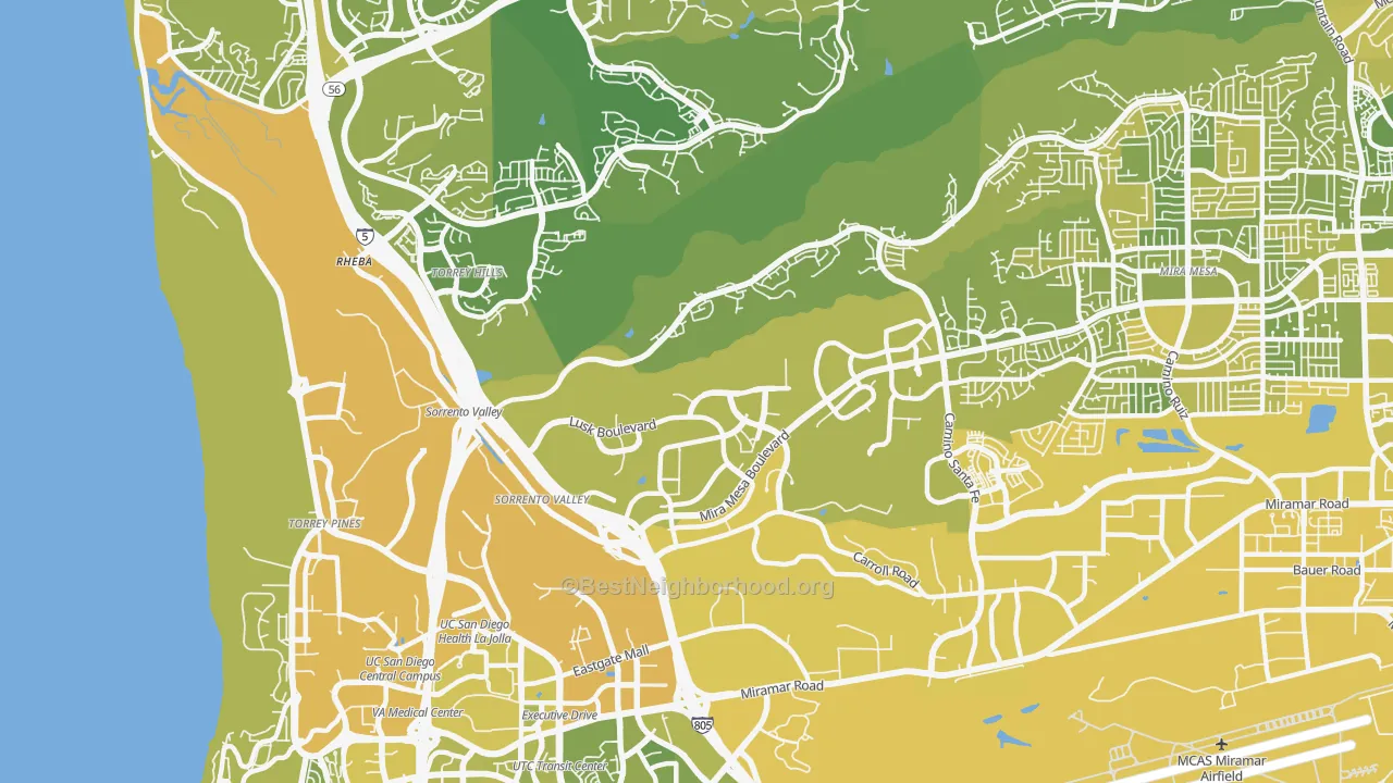 Map of the best neighborhoods in the 92121 area, with better matches in green and worse matches in red