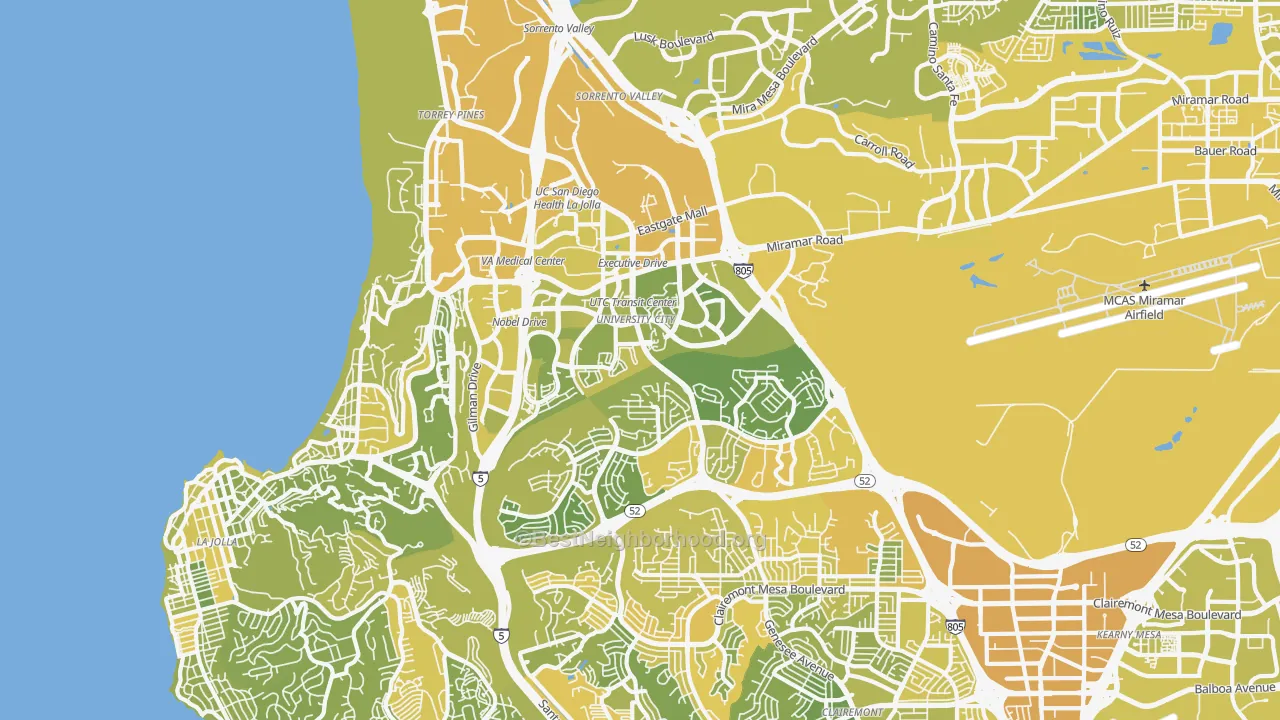 Map of the best neighborhoods in the 92122 area, with better matches in green and worse matches in red