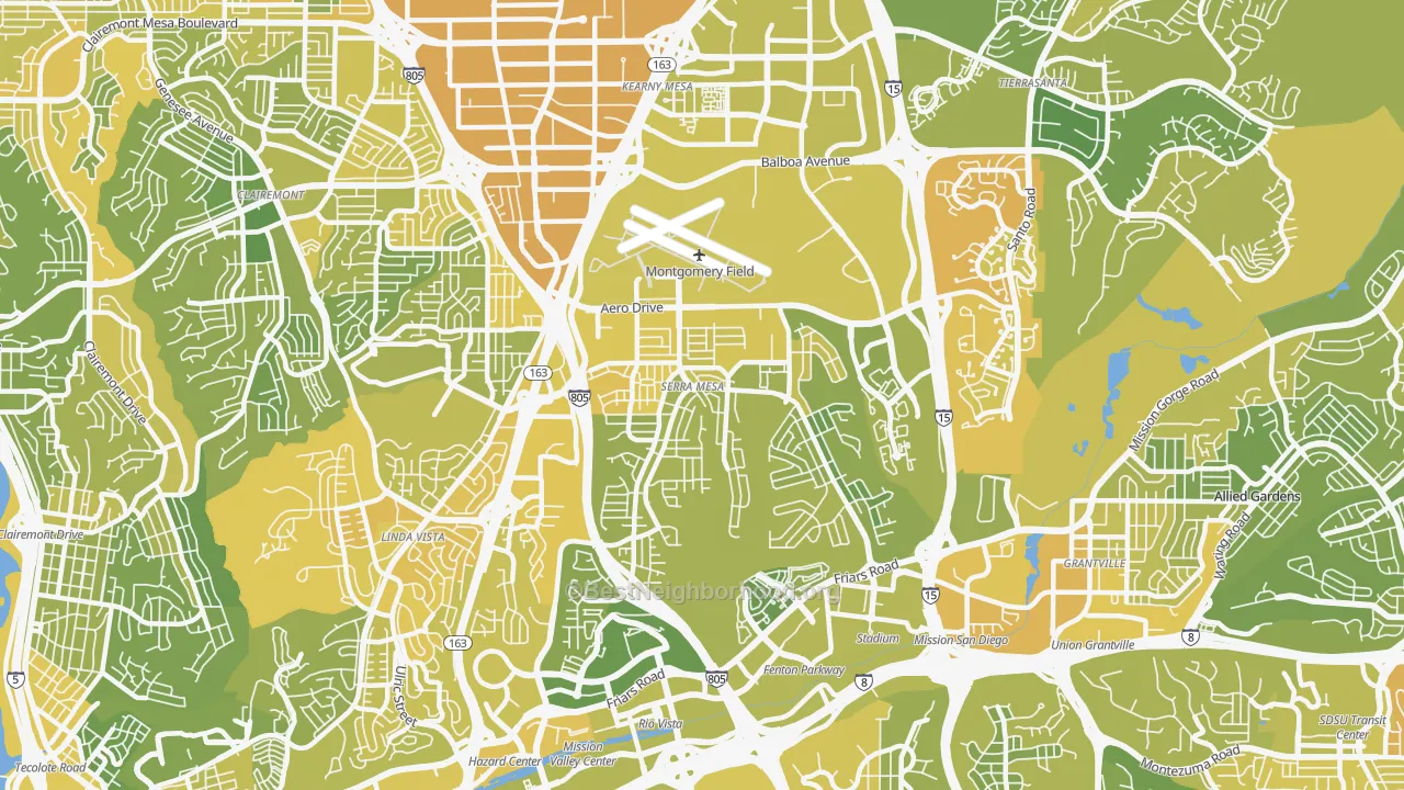 Map of the best neighborhoods in the 92123 area, with better matches in green and worse matches in red