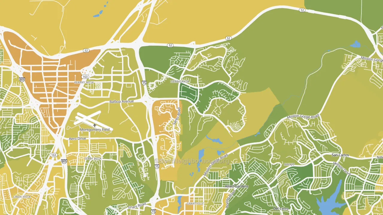 Map of the best neighborhoods in the 92124 area, with better matches in green and worse matches in red