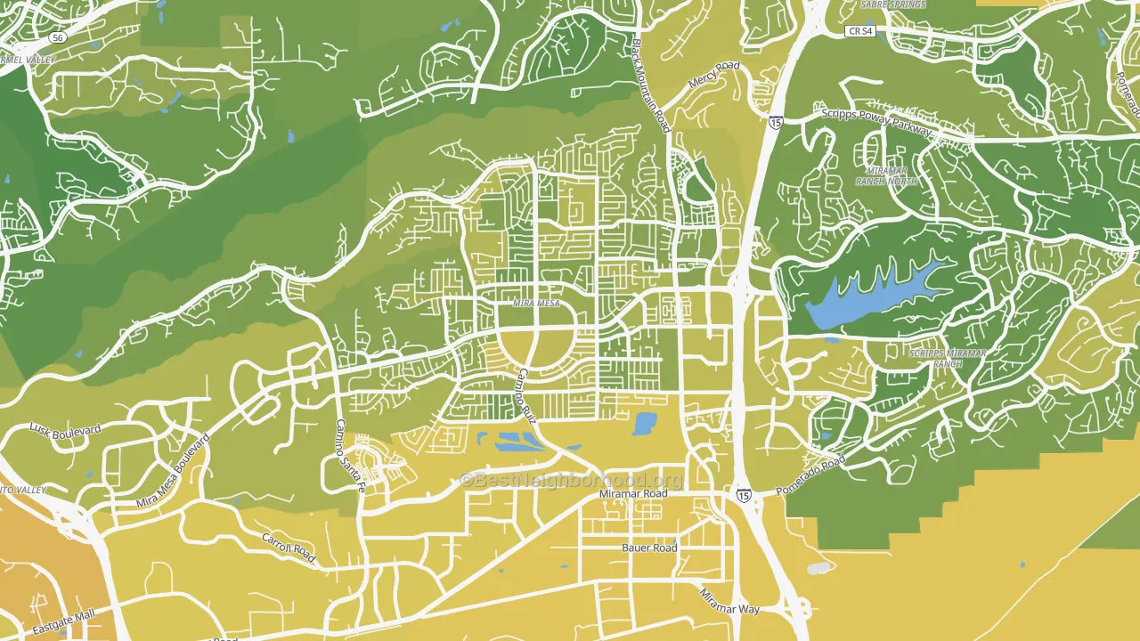 Map of the best neighborhoods in the 92126 area, with better matches in green and worse matches in red