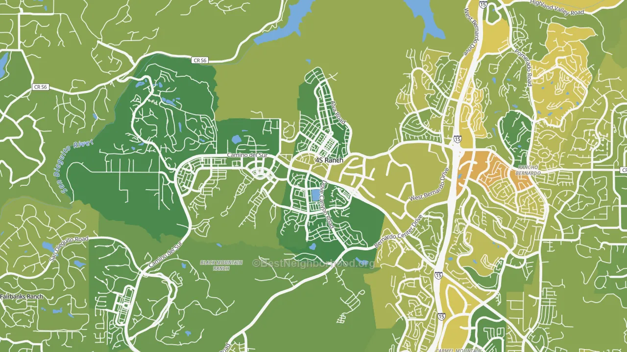 Map of the best neighborhoods in the 92127 area, with better matches in green and worse matches in red