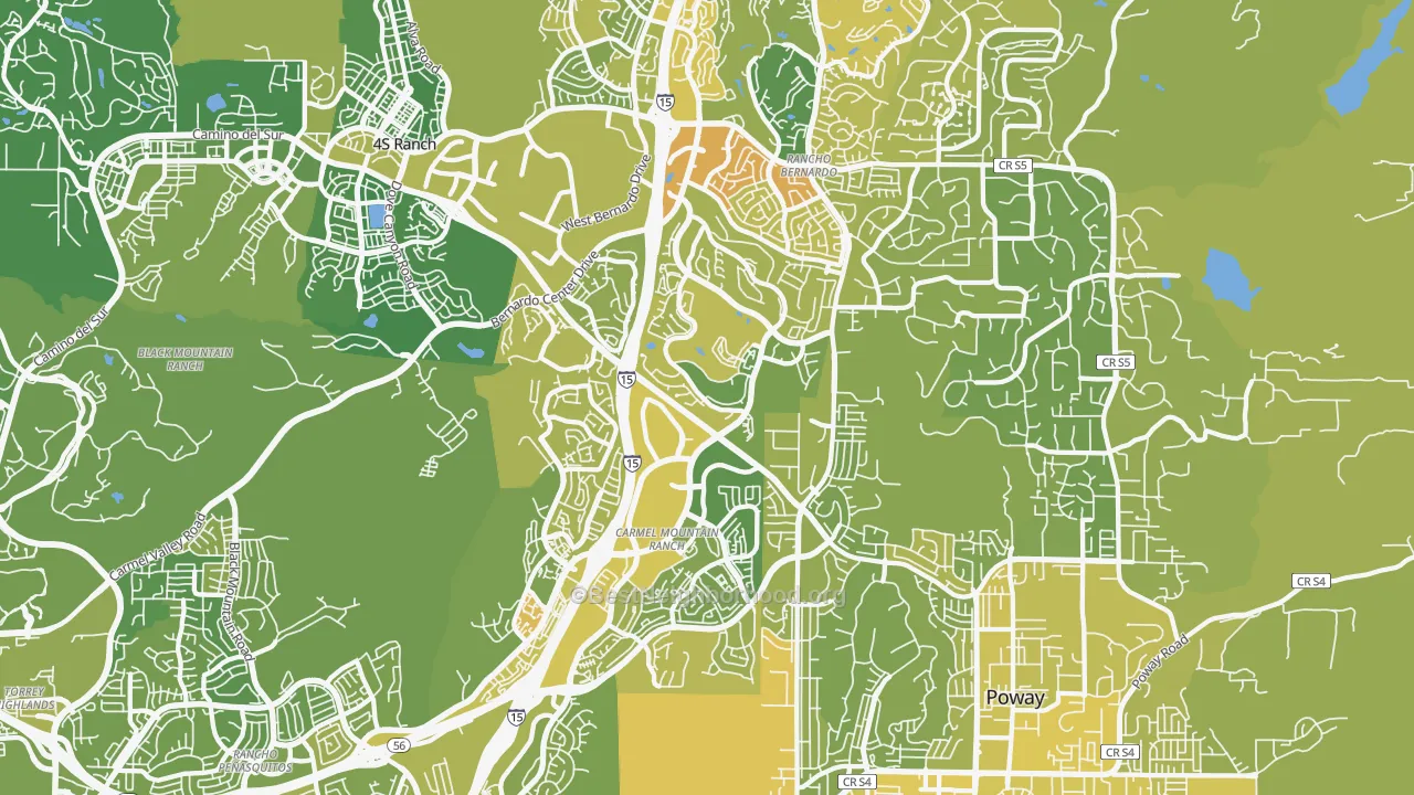 Map of the best neighborhoods in the 92128 area, with better matches in green and worse matches in red