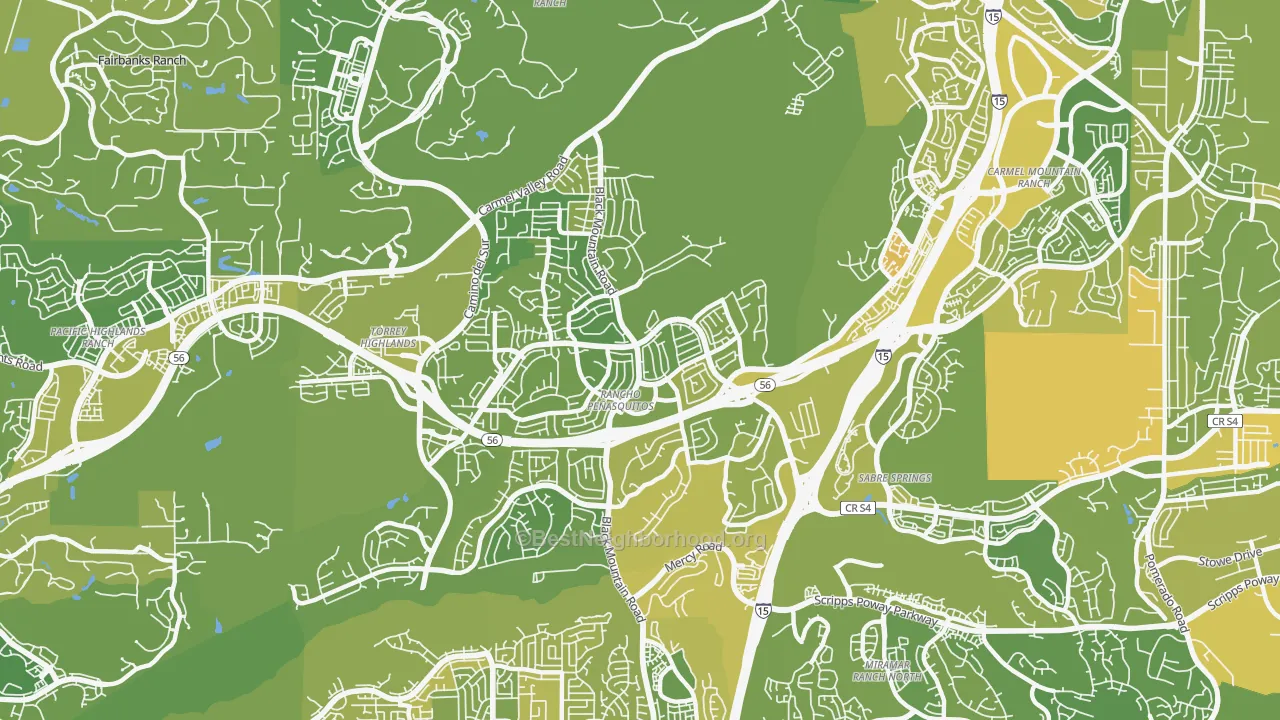 Map of the best neighborhoods in the 92129 area, with better matches in green and worse matches in red