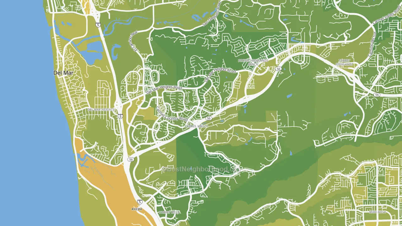 Map of the best neighborhoods in the 92130 area, with better matches in green and worse matches in red