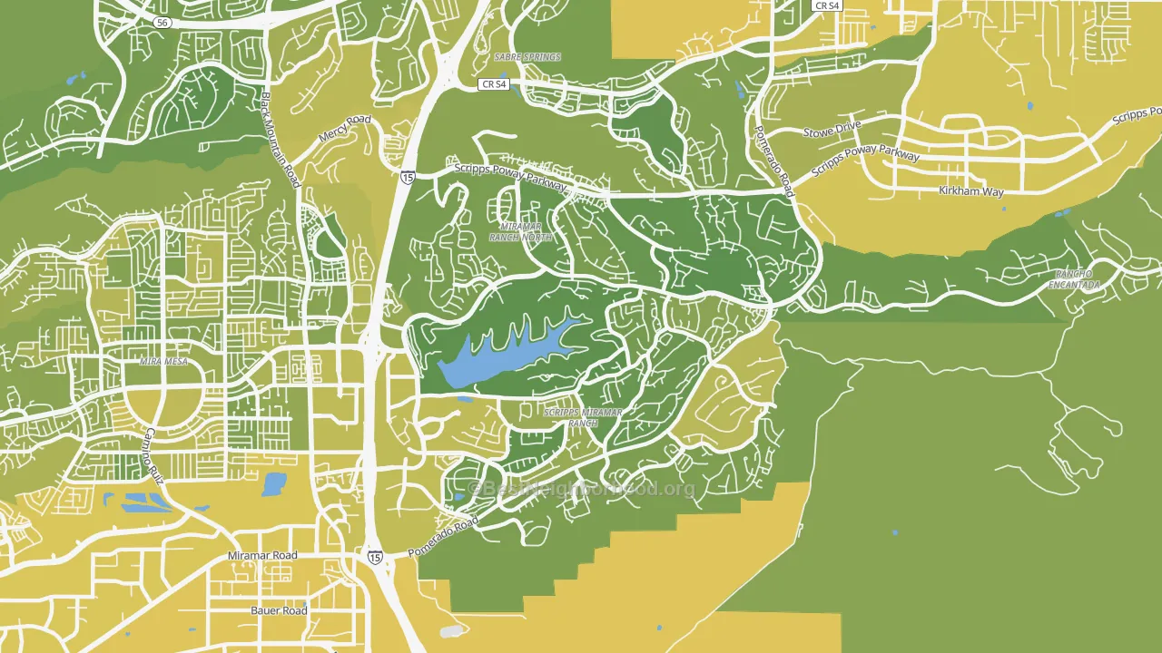 Map of the best neighborhoods in the 92131 area, with better matches in green and worse matches in red
